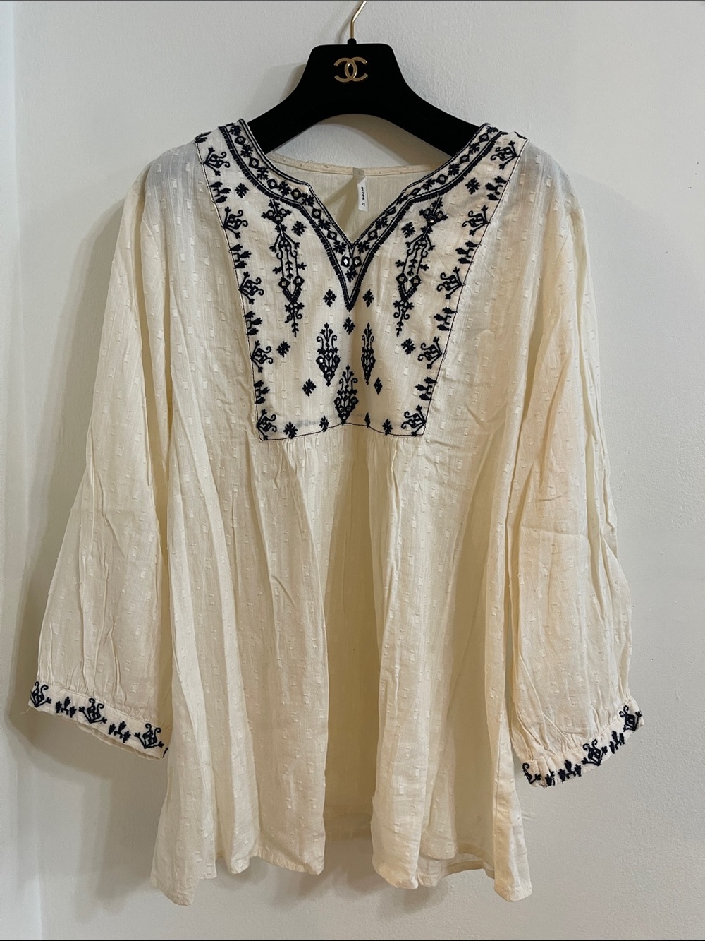 Cotton Cream Embroidered Peasant Tunic with Navy Accents Fit size Medium